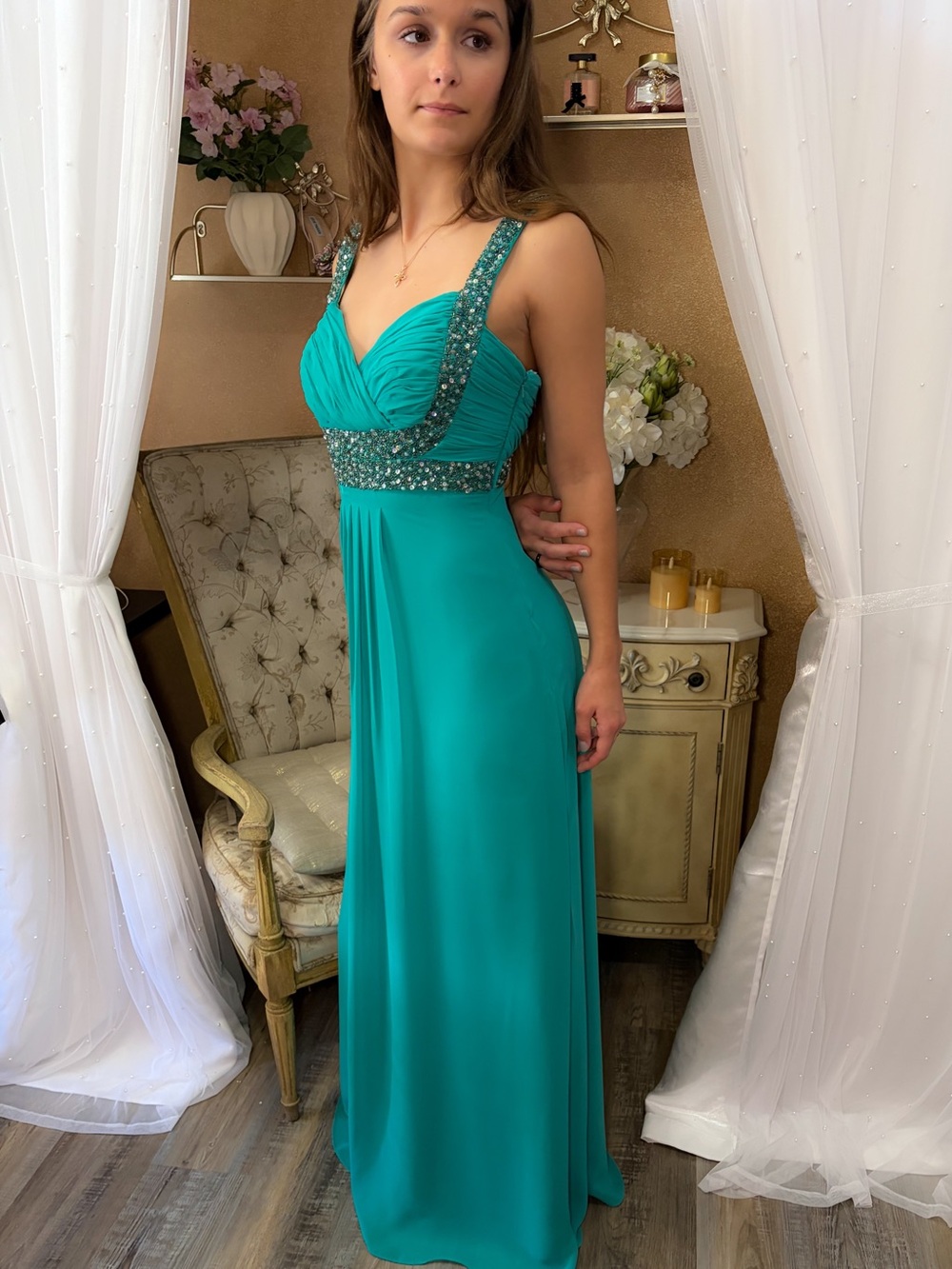 NWT Teal Crystal Beaded Open Back Prom Gown Dress Size 4